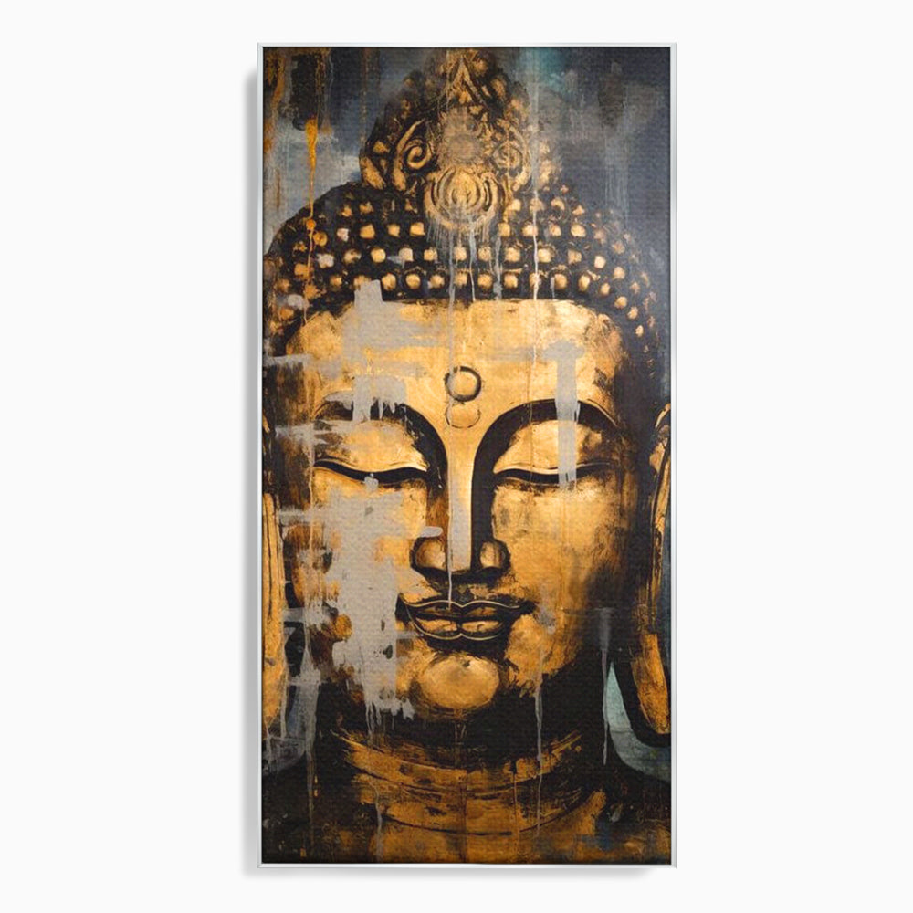 Tablou canvas cu tablou canvas cu chipul lui buddha, in rama de aluminiu argintiu
